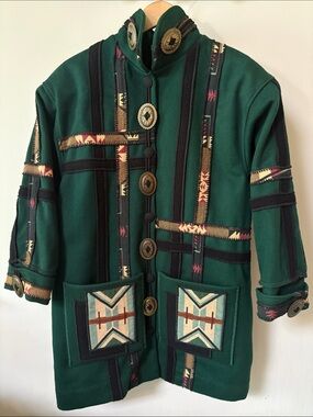 Coloratura Wool Green Patterned Jacket w Tribal Patch Pockets Small / Medium